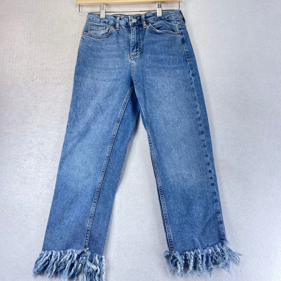 TOPSHOP Womens 25 Petite Stretch Moto Fringe Hem High Rise Denim Jeans Pockets - Picture 2 of 9
